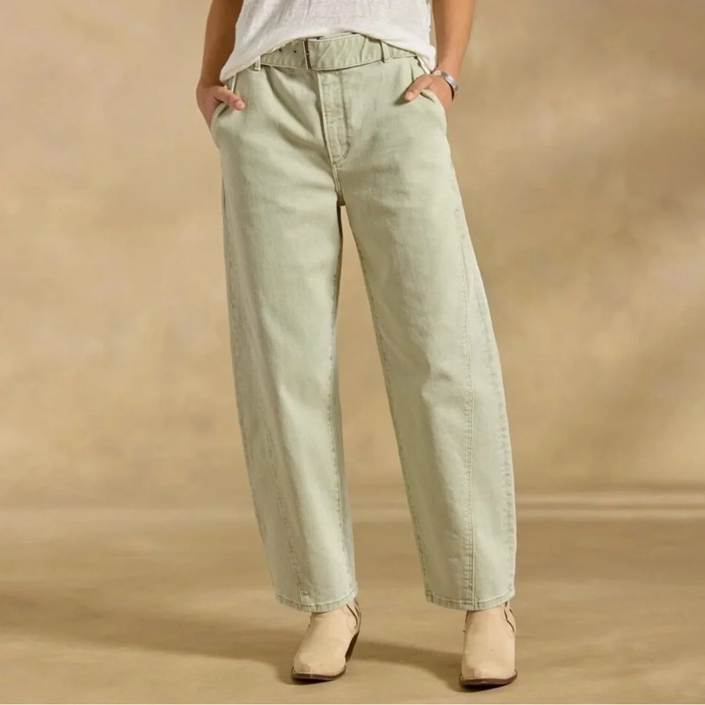 EUC Driftwood Spencer Barrel Leg Pants Jeans Denim Belted Structured Green Sz 28